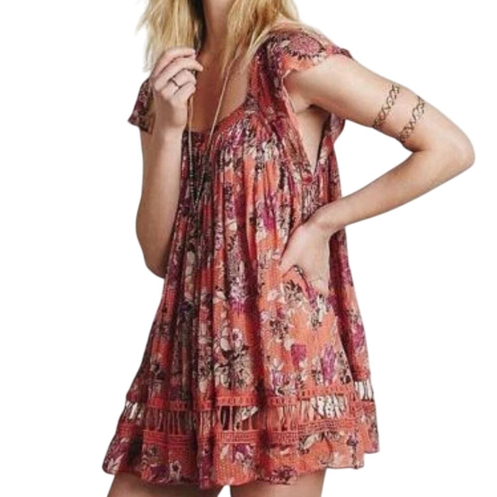 FP One Peach Pink Floral Boho Tunic Top S Crochet Hem Cap Sleeve Artemis Fairy